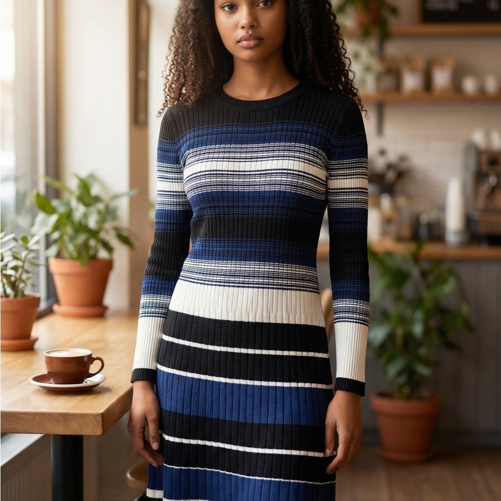 VENUS Black and Blue Striped Dress